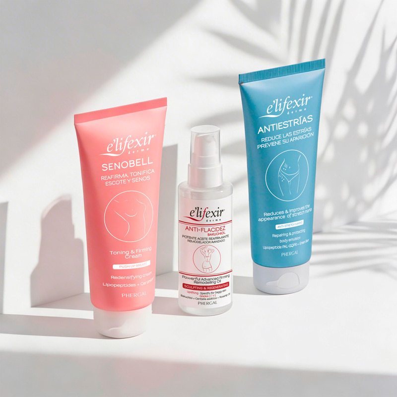 Trio de productos del pack mami fit para cuidar la piel durante el embarazo